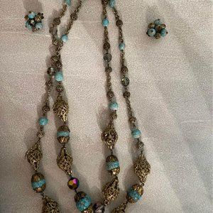 Vintage Filagree Turquoise Necklace and Clip on Earring Set